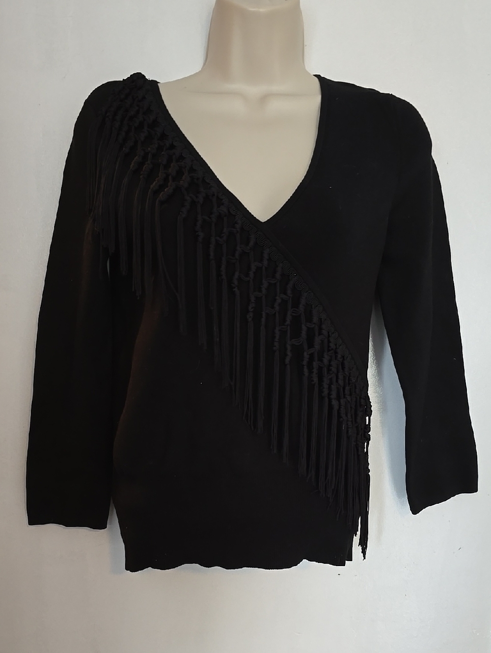Cache Black V-Neck Fringe Knit Sweater Large 81% Silk